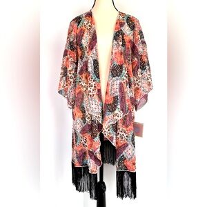 LuLaRoe Monroe Kimono Wrap Boho Patchwork Fringe‎ Duster Robe Swim Cover Sz LG